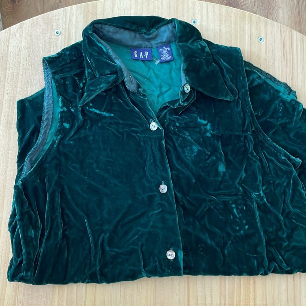 Vintage Gap Green Crushed Velour Button Down Sleeveless Size Medium